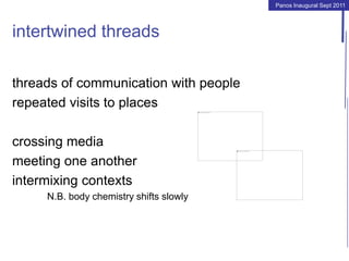 Panos Inaugural Sept 2011
intertwined threads
threads of communication with people
repeated visits to places
crossing media
meeting one another
intermixing contexts
N.B. body chemistry shifts slowly
 