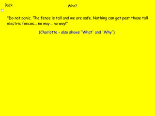 Who? "Do not panic. The fence is tall and we are safe. Nothing can get past those tall electric fences... no way... no way!" (Charlotte - also shows 'What' and 'Why') Back 