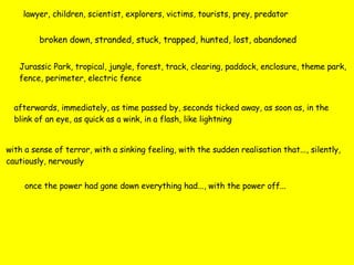 lawyer, children, scientist, explorers, victims, tourists, prey, predator broken down, stranded, stuck, trapped, hunted, lost, abandoned Jurassic Park, tropical, jungle, forest, track, clearing, paddock, enclosure, theme park, fence, perimeter, electric fence afterwards, immediately, as time passed by, seconds ticked away, as soon as, in the blink of an eye, as quick as a wink, in a flash, like lightning with a sense of terror, with a sinking feeling, with the sudden realisation that..., silently, cautiously, nervously once the power had gone down everything had..., with the power off... 