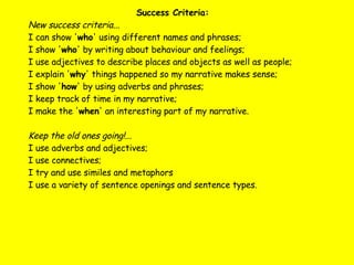 Success Criteria: New success criteria... I can show ' who ' using different names and phrases; I show ' who ' by writing about behaviour and feelings; I use adjectives to describe places and objects as well as people; I explain ' why ' things happened so my narrative makes sense; I show ' how ' by using adverbs and phrases; I keep track of time in my narrative; I make the ' when ' an interesting part of my narrative. Keep the old ones going!... I use adverbs and adjectives; I use connectives; I try and use similes and metaphors I use a variety of sentence openings and sentence types. 
