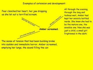 Examples of extension and development: Amber screamed. Fear clenched her heart, her jaw dropping  as she let out a terrified scream. describe the scream The sense of tension that had been building broke  into sudden and immediate horror. Amber screamed,  emptying her lungs, the sound filling the car. give some background All through the evening, through the long and tedious wait, Amber had kept her anxiety bottled inside. She knew she had to be the mature one, the sensible one. Now she was just a child, a small girl frightened in the dark. develop a character 