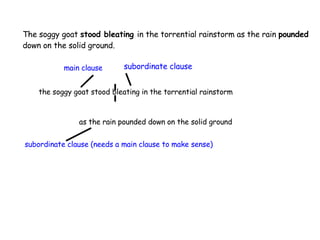 The soggy goat  stood bleating  in the torrential rainstorm as the rain  pounded  down on the solid ground. the soggy goat stood bleating in the torrential rainstorm as the rain pounded down on the solid ground subordinate clause (needs a main clause to make sense) main clause subordinate clause 
