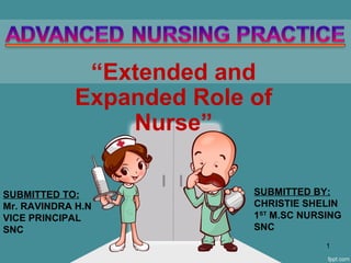 “Extended and
Expanded Role of
Nurse”
SUBMITTED TO:
Mr. RAVINDRA H.N
VICE PRINCIPAL
SNC
SUBMITTED BY:
CHRISTIE SHELIN
1ST
M.SC NURSING
SNC
1
 