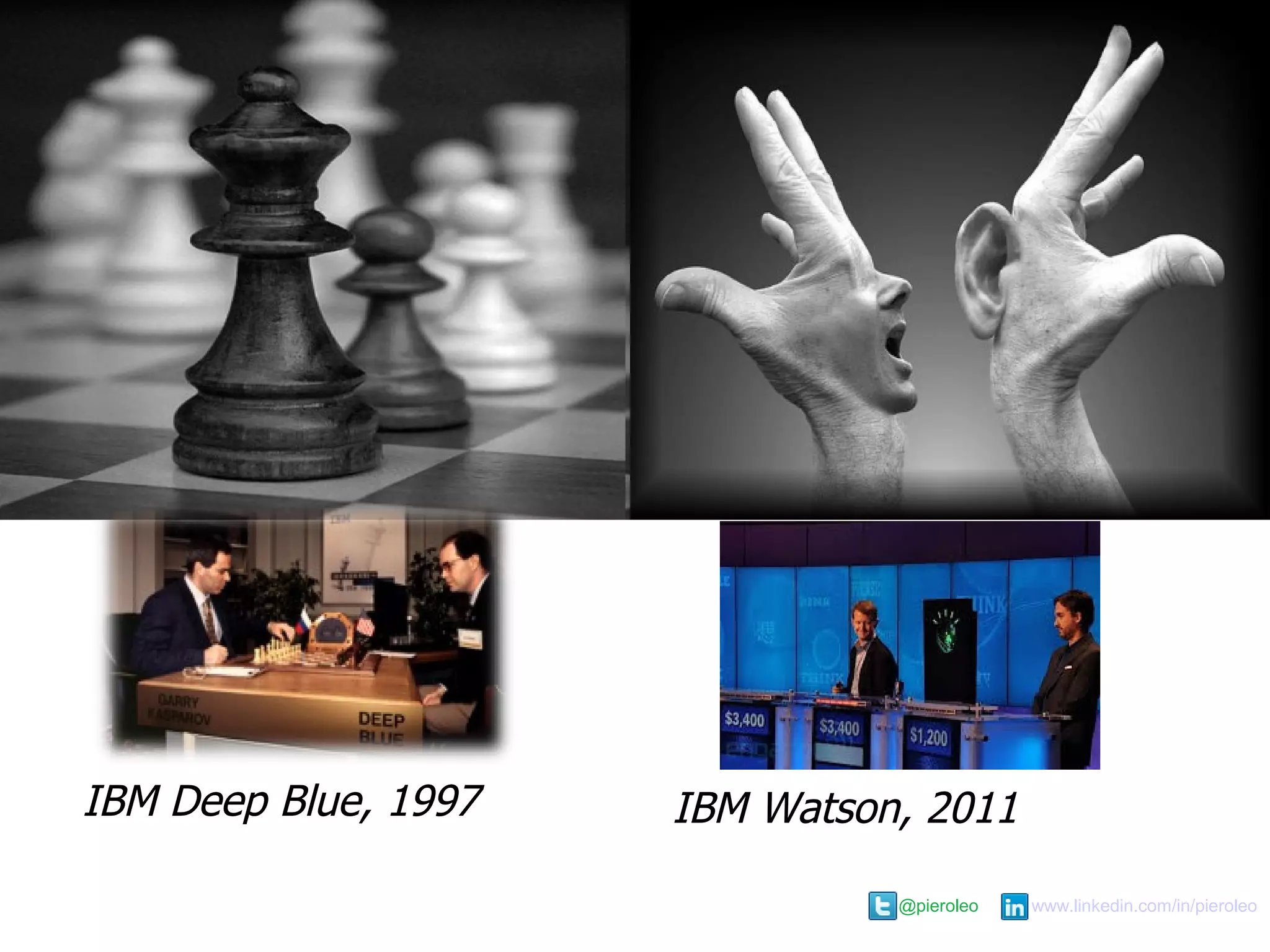 @pieroleo www.linkedin.com/in/pieroleo
@pieroleo www.linkedin.com/in/pieroleo
IBM Deep Blue, 1997 IBM Watson, 2011
 