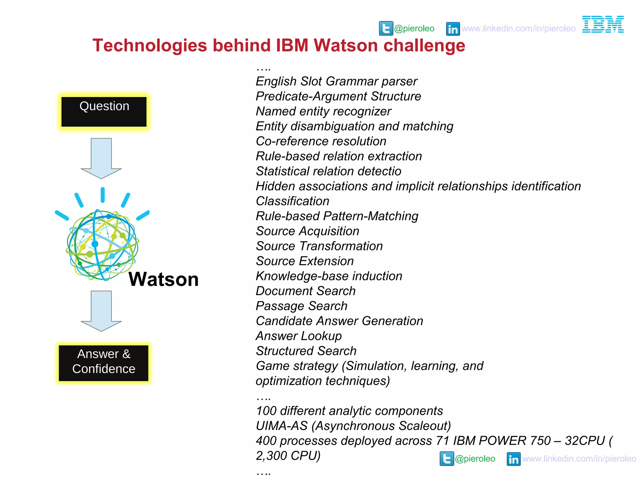 @pieroleo www.linkedin.com/in/pieroleo
@pieroleo www.linkedin.com/in/pieroleo
….
English Slot Grammar parser
Predicate-Argument Structure
Named entity recognizer
Entity disambiguation and matching
Co-reference resolution
Rule-based relation extraction
Statistical relation detectio
Hidden associations and implicit relationships identification
Classification
Rule-based Pattern-Matching
Source Acquisition
Source Transformation
Source Extension
Knowledge-base induction
Document Search
Passage Search
Candidate Answer Generation
Answer Lookup
Structured Search
Game strategy (Simulation, learning, and
optimization techniques)
….
100 different analytic components
UIMA-AS (Asynchronous Scaleout)
400 processes deployed across 71 IBM POWER 750 – 32CPU (
2,300 CPU)
….
Question
Answer &
Confidence
Watson
Technologies behind IBM Watson challenge
 
