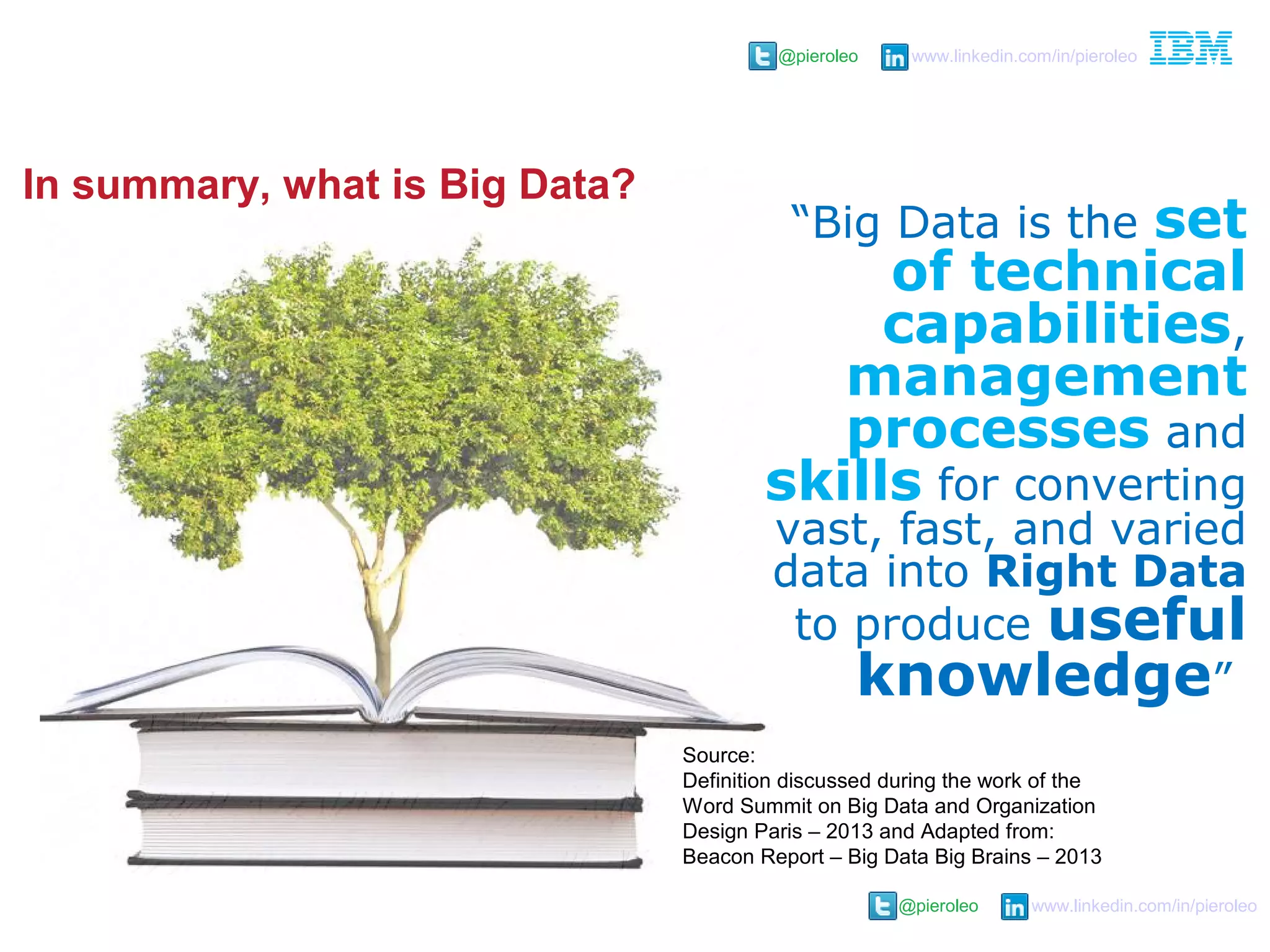 @pieroleo www.linkedin.com/in/pieroleo
@pieroleo www.linkedin.com/in/pieroleo
“Big Data is the set
of technical
capabilities,
management
processes and
skills for converting
vast, fast, and varied
data into Right Data
to produce useful
knowledge”
Source:
Definition discussed during the work of the
Word Summit on Big Data and Organization
Design Paris – 2013 and Adapted from:
Beacon Report – Big Data Big Brains – 2013
In summary, what is Big Data?
 