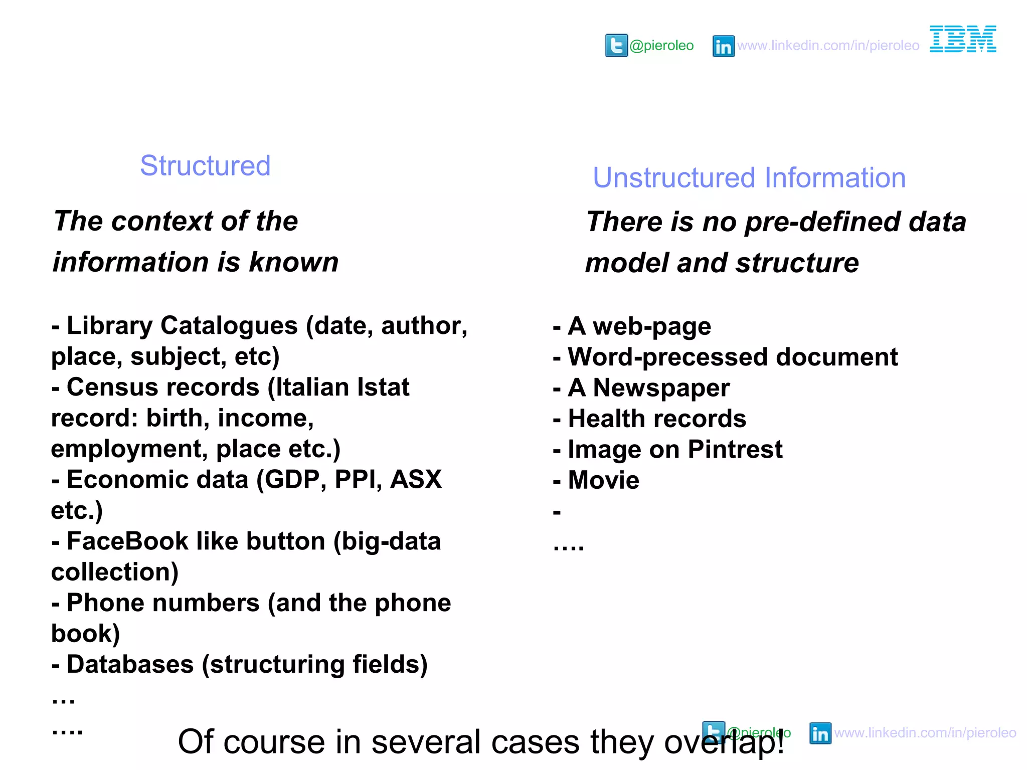 @pieroleo www.linkedin.com/in/pieroleo
@pieroleo www.linkedin.com/in/pieroleo
Structured
The context of the
information is known
There is no pre-defined data
model and structure
- Library Catalogues (date, author,
place, subject, etc)
- Census records (Italian Istat
record: birth, income,
employment, place etc.)
- Economic data (GDP, PPI, ASX
etc.)
- FaceBook like button (big-data
collection)
- Phone numbers (and the phone
book)
- Databases (structuring fields)
…
….
- A web-page
- Word-precessed document
- A Newspaper
- Health records
- Image on Pintrest
- Movie
-
….
Of course in several cases they overlap!
Unstructured Information
 