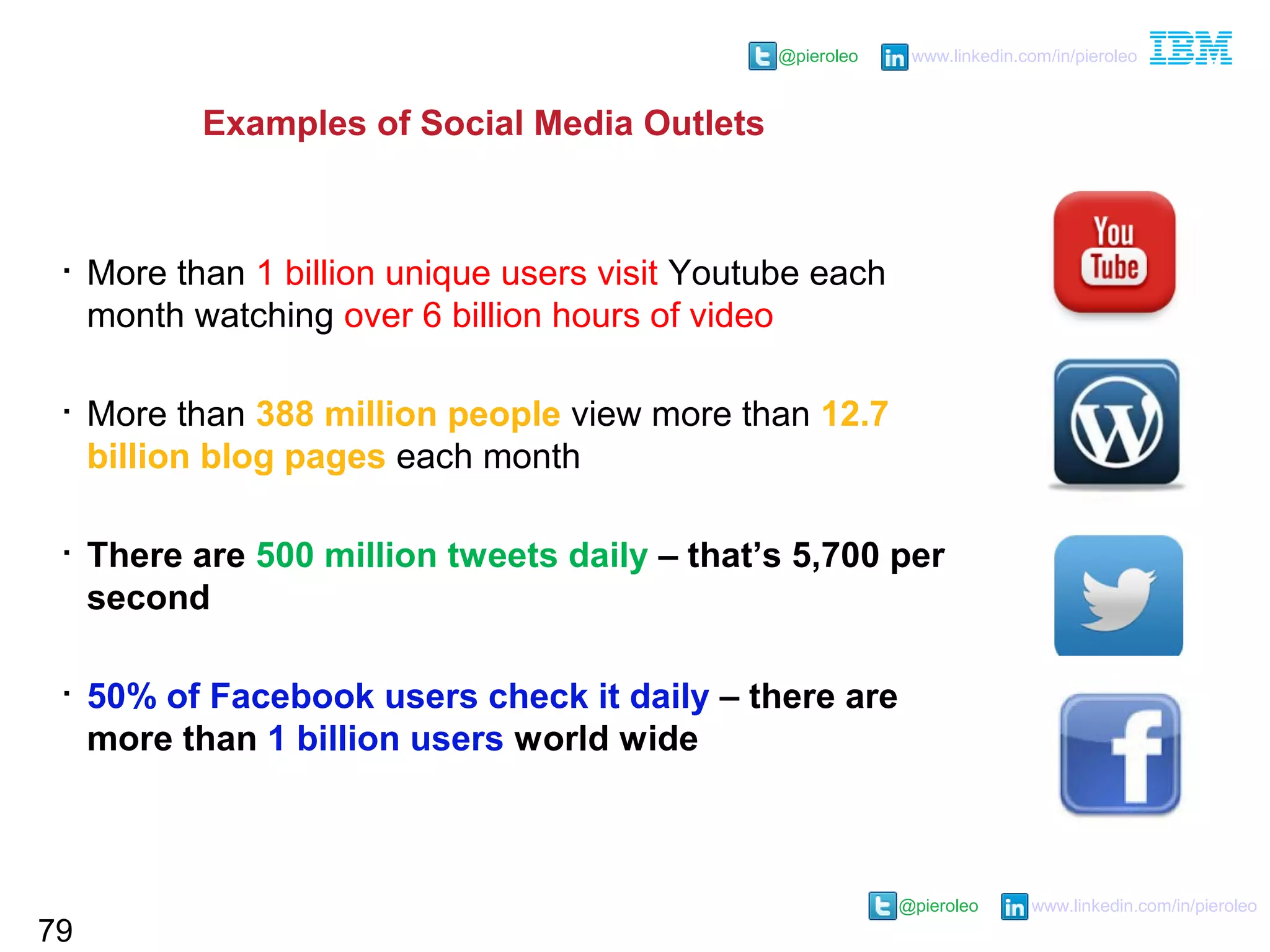 @pieroleo www.linkedin.com/in/pieroleo
@pieroleo www.linkedin.com/in/pieroleo
Examples of Social Media Outlets

More than 1 billion unique users visit Youtube each
month watching over 6 billion hours of video

More than 388 million people view more than 12.7
billion blog pages each month

There are 500 million tweets daily – that’s 5,700 per
second

50% of Facebook users check it daily – there are
more than 1 billion users world wide
79
 