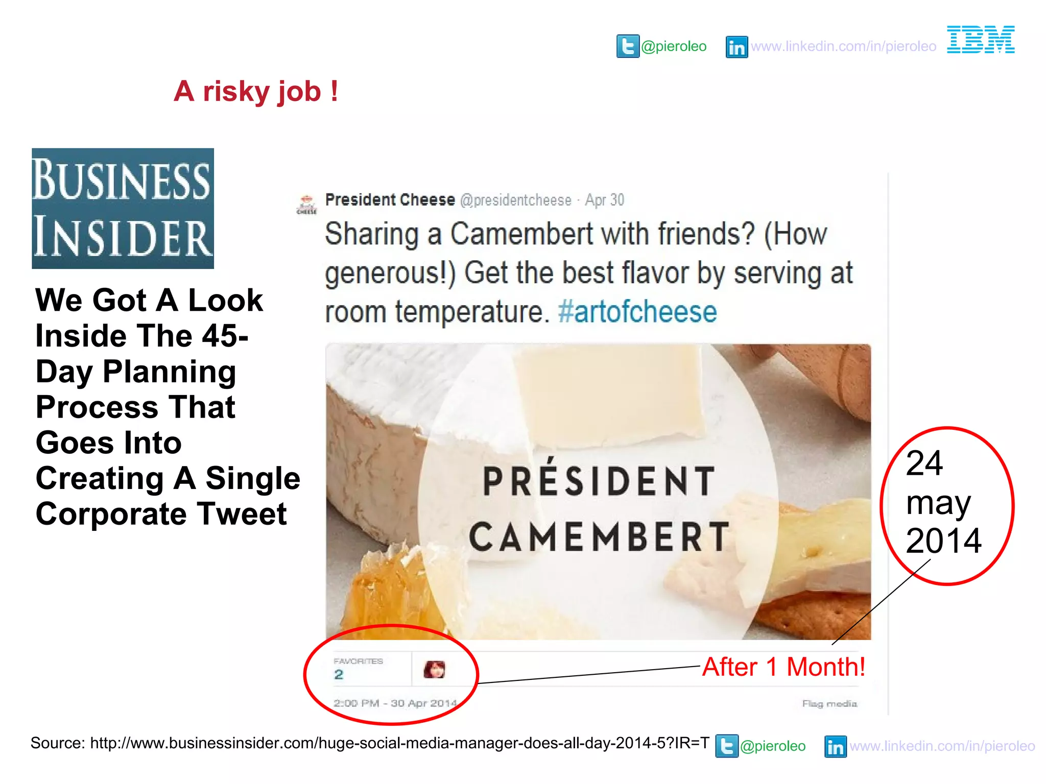 @pieroleo www.linkedin.com/in/pieroleo
@pieroleo www.linkedin.com/in/pieroleo
Source: http://www.businessinsider.com/huge-social-media-manager-does-all-day-2014-5?IR=T
We Got A Look
Inside The 45-
Day Planning
Process That
Goes Into
Creating A Single
Corporate Tweet
24
may
2014
After 1 Month!
A risky job !
 