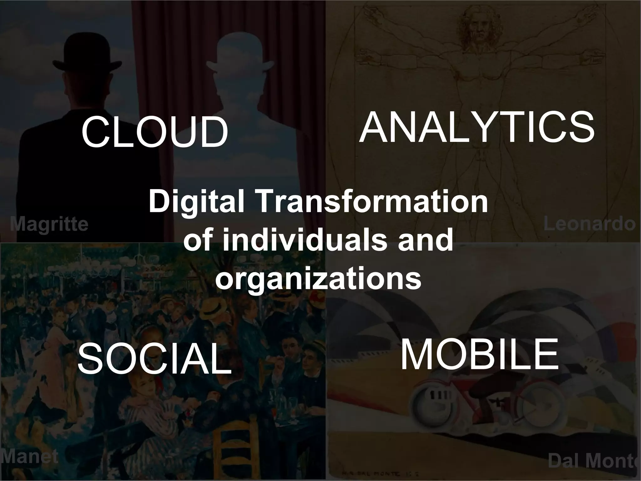 @pieroleo www.linkedin.com/in/pieroleo
@pieroleo www.linkedin.com/in/pieroleo
Magritte
Manet Dal Monte
Leonardo
CLOUD ANALYTICS
SOCIAL MOBILE
Digital Transformation
of individuals and
organizations
 