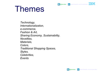 @pieroleo www.linkedin.com/in/pieroleo
@pieroleo www.linkedin.com/in/pieroleo
Themes
Technology,
Internationalization,
e-commerce,
Fashion & Art,
Sharing Economy, Sustainability,
Novelties,
Materials,
Colors,
Traditional Shopping Spaces,
Styles,
Celebrities,
Events
 