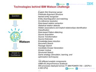 @pieroleo www.linkedin.com/in/pieroleo
@pieroleo www.linkedin.com/in/pieroleo
….
English Slot Grammar parser
Predicate-Argument Structure
Named entity recognizer
Entity disambiguation and matching
Co-reference resolution
Rule-based relation extraction
Statistical relation detectio
Hidden associations and implicit relationships identification
Classification
Rule-based Pattern-Matching
Source Acquisition
Source Transformation
Source Extension
Knowledge-base induction
Document Search
Passage Search
Candidate Answer Generation
Answer Lookup
Structured Search
Game strategy (Simulation, learning, and
optimization techniques)
….
100 different analytic components
UIMA-AS (Asynchronous Scaleout)
400 processes deployed across 71 IBM POWER 750 – 32CPU (
2,300 CPU)
….
Question
Answer &
Confidence
Watson
Technologies behind IBM Watson challenge
 
