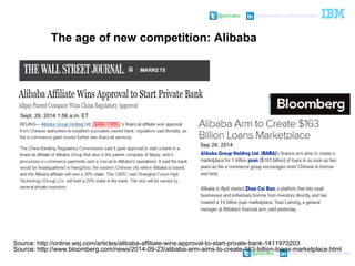 @pieroleo www.linkedin.com/in/pieroleo
@pieroleo www.linkedin.com/in/pieroleo
The age of new competition: Alibaba
Sept. 29, 2014 1:56 a.m. ET
Source: http://online.wsj.com/articles/alibaba-affiliate-wins-approval-to-start-private-bank-1411970203
Source: http://www.bloomberg.com/news/2014-09-23/alibaba-arm-aims-to-create-163-billion-loans-marketplace.html
Sep 24, 2014
 