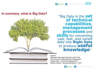 @pieroleo www.linkedin.com/in/pieroleo
@pieroleo www.linkedin.com/in/pieroleo
“Big Data is the set
of technical
capabilities,
management
processes and
skills for converting
vast, fast, and varied
data into Right Data
to produce useful
knowledge”
Source:
Definition discussed during the work of the
Word Summit on Big Data and Organization
Design Paris – 2013 and Adapted from:
Beacon Report – Big Data Big Brains – 2013
In summary, what is Big Data?
 