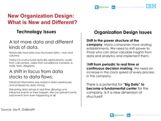 @pieroleo www.linkedin.com/in/pieroleo
@pieroleo www.linkedin.com/in/pieroleo
New Organization Design:
What is New and Different?
A lot more data and different
kinds of data.
Historically most data was structured data – rows and
columns
Today it is unstructured data like aerial photos, audio
from call centers, video from surveillance cameras, e-
mails, texts, diagrams.
A shift in focus from data
stocks to data flows.
Historical information was stored in data warehouses
and analyzed by data mining.
Streaming data arrives in real time allowing us to
influence events as they happen. We can prevent some
bad events from ever happening at all.
Shift in the power structure of the
company. Many companies have analog
establishments. We need to shift power to
those who can draw valuable insights from
data and analytics and implement them.
Shift from periodic to real time or
continuous decision making. We need an
increase in the clock speed of every process
in the company.
There is a potential for “Big Data” to
become a fundamental center for the
company. Is it a new dimension of
structure?
Organization Design IssuesTechnology Issues
Source: Jay R. Galbraith
 