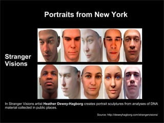 @pieroleo www.linkedin.com/in/pieroleo
@pieroleo www.linkedin.com/in/pieroleo
Portraits from New York
Stranger
Visions
In Stranger Visions artist Heather Dewey-Hagborg creates portrait sculptures from analyses of DNA
material collected in public places.
Source: http://deweyhagborg.com/strangervisions/
 