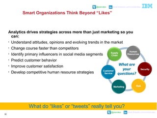 @pieroleo www.linkedin.com/in/pieroleo
@pieroleo www.linkedin.com/in/pieroleo
Smart Organizations Think Beyond “Likes”
82
Analytics drives strategies across more than just marketing so you
can:

Understand attitudes, opinions and evolving trends in the market

Change course faster than competitors

Identify primary influencers in social media segments

Predict customer behavior

Improve customer satisfaction

Develop competitive human resource strategies
What do “likes” or “tweets” really tell you?
 