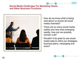 @pieroleo www.linkedin.com/in/pieroleo
@pieroleo www.linkedin.com/in/pieroleo
Social Media Challenges For Marketing Teams
and Other Business Functions

How do we know what is being
said about us across all social
media channels?

There are so many social media
outlets and new ones emerging
rapidly, how can we possibly
monitor it all?

Wouldn’t it be great to use social
media data to refine our strategies,
business plans, messaging and
more?
83
 