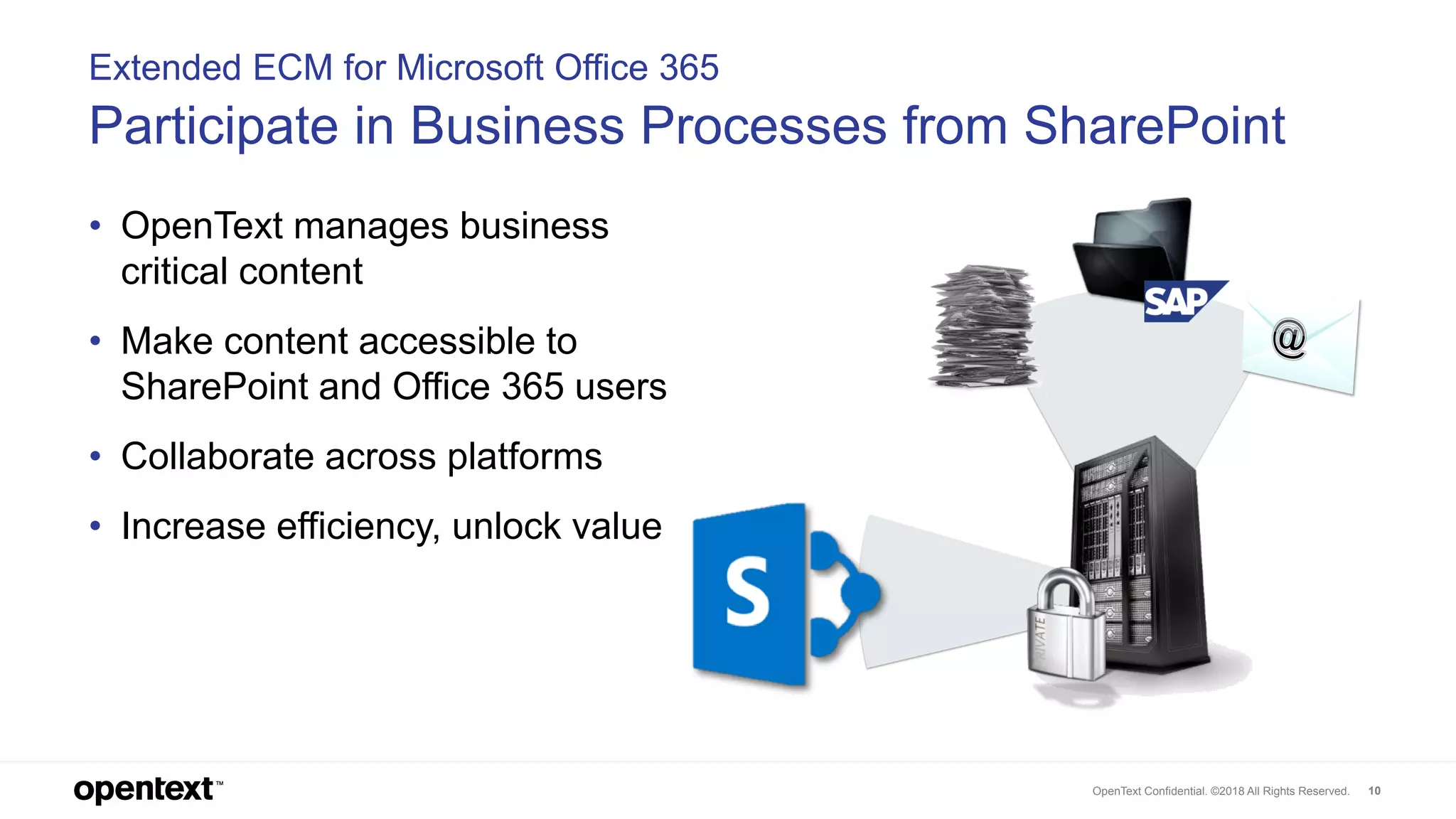 OpenText Confidential. ©2018 All Rights Reserved. 10
Extended ECM for Microsoft Office 365
Participate in Business Processes from SharePoint
• OpenText manages business
critical content
• Make content accessible to
SharePoint and Office 365 users
• Collaborate across platforms
• Increase efficiency, unlock value
 