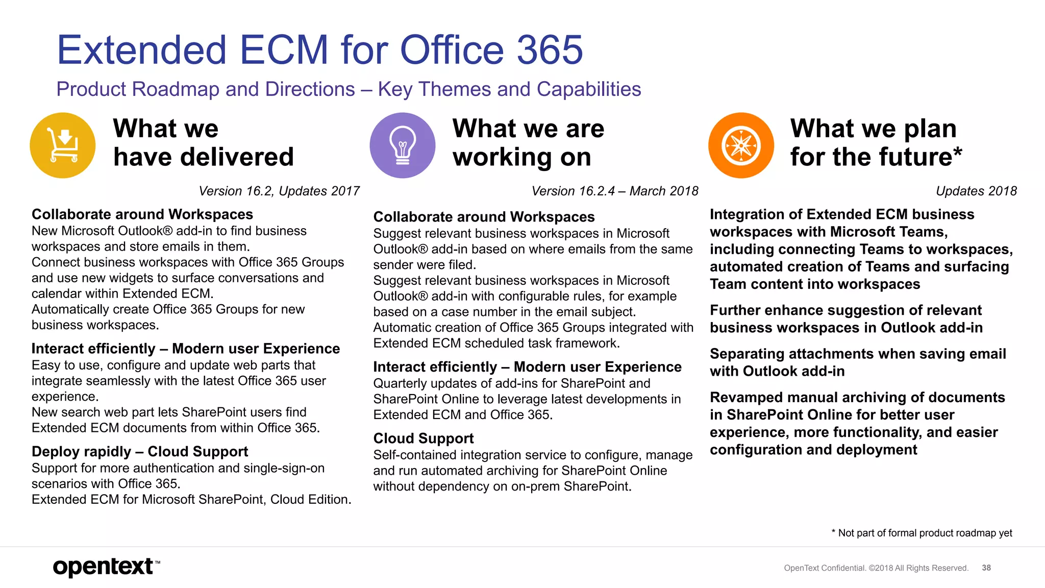 OpenText Confidential. ©2018 All Rights Reserved. 38
What we
have delivered
What we plan
for the future*
Product Roadmap and Directions – Key Themes and Capabilities
What we are
working on
* Not part of formal product roadmap yet
Extended ECM for Office 365
Collaborate around Workspaces
New Microsoft Outlook® add-in to find business
workspaces and store emails in them.
Connect business workspaces with Office 365 Groups
and use new widgets to surface conversations and
calendar within Extended ECM.
Automatically create Office 365 Groups for new
business workspaces.
Interact efficiently – Modern user Experience
Easy to use, configure and update web parts that
integrate seamlessly with the latest Office 365 user
experience.
New search web part lets SharePoint users find
Extended ECM documents from within Office 365.
Deploy rapidly – Cloud Support
Support for more authentication and single-sign-on
scenarios with Office 365.
Extended ECM for Microsoft SharePoint, Cloud Edition.
Collaborate around Workspaces
Suggest relevant business workspaces in Microsoft
Outlook® add-in based on where emails from the same
sender were filed.
Suggest relevant business workspaces in Microsoft
Outlook® add-in with configurable rules, for example
based on a case number in the email subject.
Automatic creation of Office 365 Groups integrated with
Extended ECM scheduled task framework.
Interact efficiently – Modern user Experience
Quarterly updates of add-ins for SharePoint and
SharePoint Online to leverage latest developments in
Extended ECM and Office 365.
Cloud Support
Self-contained integration service to configure, manage
and run automated archiving for SharePoint Online
without dependency on on-prem SharePoint.
Integration of Extended ECM business
workspaces with Microsoft Teams,
including connecting Teams to workspaces,
automated creation of Teams and surfacing
Team content into workspaces
Further enhance suggestion of relevant
business workspaces in Outlook add-in
Separating attachments when saving email
with Outlook add-in
Revamped manual archiving of documents
in SharePoint Online for better user
experience, more functionality, and easier
configuration and deployment
Version 16.2, Updates 2017 Version 16.2.4 – March 2018 Updates 2018
 