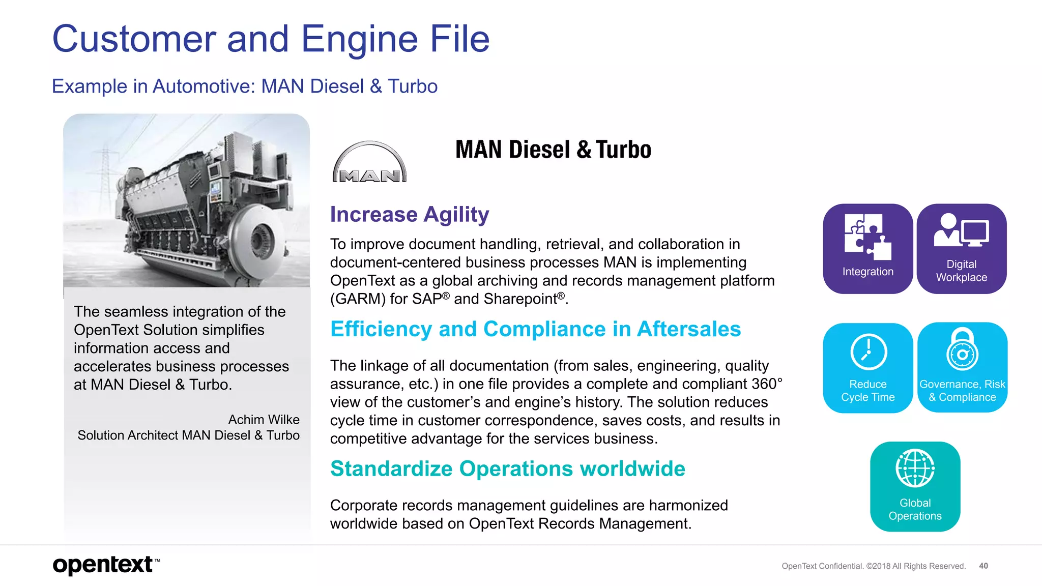 OpenText Confidential. ©2018 All Rights Reserved. 40
Customer and Engine File
Example in Automotive: MAN Diesel & Turbo
Increase Agility
To improve document handling, retrieval, and collaboration in
document-centered business processes MAN is implementing
OpenText as a global archiving and records management platform
(GARM) for SAP® and Sharepoint®.
Efficiency and Compliance in Aftersales
The linkage of all documentation (from sales, engineering, quality
assurance, etc.) in one file provides a complete and compliant 360°
view of the customer’s and engine’s history. The solution reduces
cycle time in customer correspondence, saves costs, and results in
competitive advantage for the services business.
Standardize Operations worldwide
Corporate records management guidelines are harmonized
worldwide based on OpenText Records Management.
The seamless integration of the
OpenText Solution simplifies
information access and
accelerates business processes
at MAN Diesel & Turbo.
Achim Wilke
Solution Architect MAN Diesel & Turbo
Global
Operations
Reduce
Cycle Time
Governance, Risk
& Compliance
Integration
Digital
Workplace
 