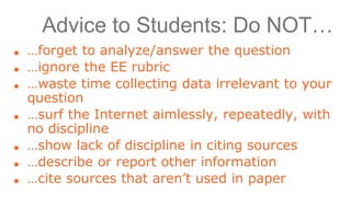 Advice to Students: Do NOT…
■ …forget to analyze/answer the question
■ …ignore the EE rubric
■ …waste time collecting data irrelevant to your
question
■ …surf the Internet aimlessly, repeatedly, with
no discipline
■ …show lack of discipline in citing sources
■ …describe or report other information
■ …cite sources that aren’t used in paper
 