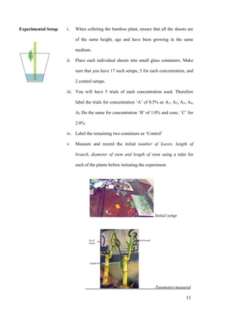 11
Parameters measured
Experimental Setup i. When colleting the bamboo plant, ensure that all the shoots are
of the same h...
