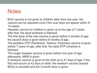 Notes
• BCG vaccine is not given to children older than one year: the
vaccine can be repeated once if the scar does not appear within 8-
12 weeks.
Hepatitis vaccine for children is given up to the age of 7 years:
after that, the adult schedule is followed.
The first dose of the rota vaccine is given before 3 months of age:
the second dose is given before 8 months of age.
The pediatric DTP (Diphtheria, Tetanus, Pertussis) vaccine is given
before 7 years of age: after that, the adult DTP schedule is
followed.
The single measles vaccine is given before one year of age:
afterwards, MMR is given.
A newborn vaccine is given to the child up to 41 days of age: if the
first visit occurs at 42 days or older, the newborn vaccine (except
BCG) is canceled and the 2-month dose is given.
 