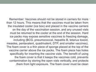 •
Remember: Vaccines should not be stored in carriers for more
than 12 hours. This means that the vaccines must be taken from
the insulated cooler (ice box) and placed in the vaccine carriers
on the day of the vaccination session, and any unused vials
must be returned to the cooler at the end of the session. Hard
ice packs may expose sensitive vaccines to freezing damage,
including (BCG, pneumococcal, hepatitis B, tetanus toxoid,
measles, pentavalent, quadrivalent, DTP, and smaller vaccines).
The foam cover is a thin piece of sponge placed at the top of the
vaccine carrier above the ice packs. The foam piece has holes
specifically for inserting the vaccine vials. The benefit of using
the foam cover is that it keeps the vaccines cold, prevents
contamination by storing the open vials vertically, and protects
them from light exposure. The foam cover must be clean
.
 