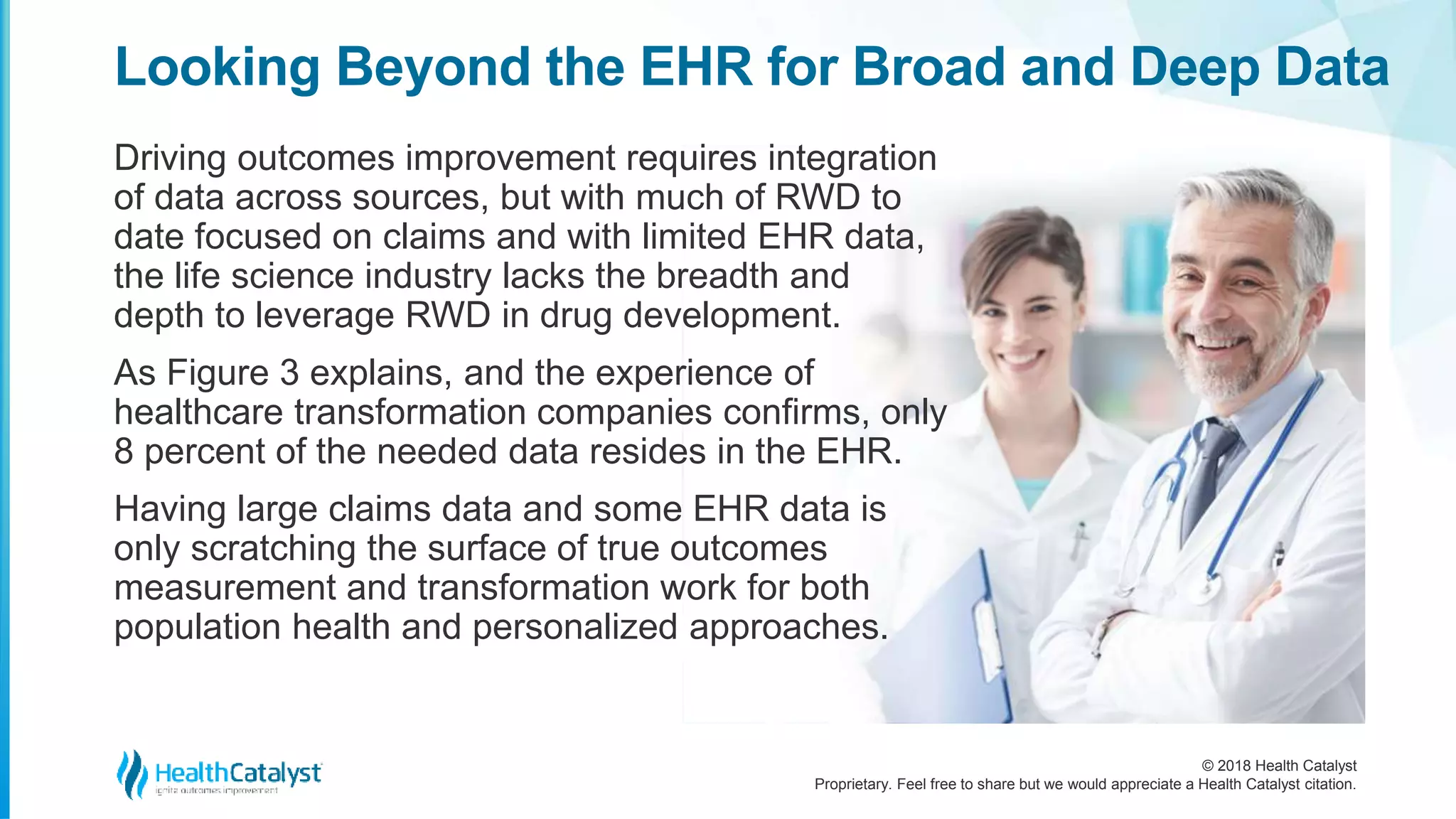 © 2018 Health Catalyst
Proprietary. Feel free to share but we would appreciate a Health Catalyst citation.
Looking Beyond the EHR for Broad and Deep Data
Driving outcomes improvement requires integration
of data across sources, but with much of RWD to
date focused on claims and with limited EHR data,
the life science industry lacks the breadth and
depth to leverage RWD in drug development.
As Figure 3 explains, and the experience of
healthcare transformation companies confirms, only
8 percent of the needed data resides in the EHR.
Having large claims data and some EHR data is
only scratching the surface of true outcomes
measurement and transformation work for both
population health and personalized approaches.
 