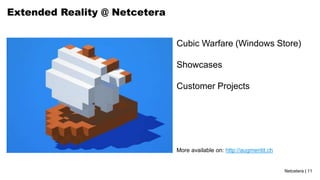 Netcetera | 11
Extended Reality @ Netcetera
Cubic Warfare (Windows Store)
Showcases
Customer Projects
More available on: http://augmentit.ch