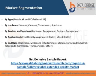 databridgemarketresearch.com US : +1-888-387-2818 UK : +44-161-394-0625 sales@databridgemarketresearch.com
Market Segmentation
• By Type (Mobile XR and PC-Tethered XR)
• By Hardware (Sensors, Cameras, Transducers, Speakers)
• By Services and Solutions (Consumer Engagement, Business Engagement)
• By Application (Virtual Reality, Augmented Reality, Mixed Reality)
• By End User (Healthcare, Media and Entertainment, Manufacturing and Industrial,
Retail and E-Commerce, Transportation, Others)
Get Exclusive Sample Report:
https://www.databridgemarketresearch.com/request-a-
sample/?dbmr=global-extended-reality-market
 