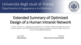 Extended Summary of Optimized
Design of a Human Intranet Network
A. Moin, P. Nuzzo, A. L. Sangiovanni-Vincentelli and J. M. Rabaey, "Optimized design of a Human
Intranet network," 2017 54th ACM/EDAC/IEEE Design Automation Conference (DAC), 2017, pp. 1-
6, doi: 10.1145/3061639.3062296.
Università degli studi di Trieste
Dipartimento di Ingegneria e Architettura
Laureando
Olesia Ronzon
Relatore
Chiar.mo Prof. Lorenzo Castelli
 