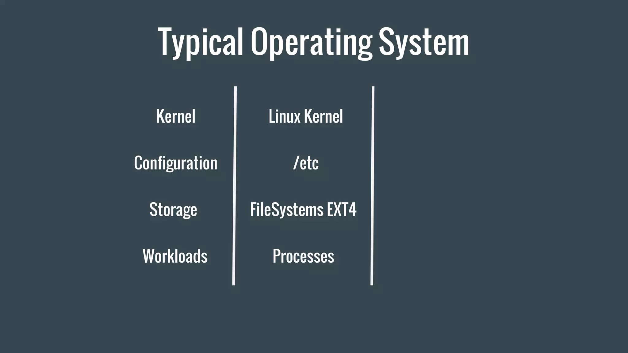 Typical Operating System
Kernel
Configuration
Storage
Linux Kernel
/etc
FileSystems EXT4
Workloads Processes
 