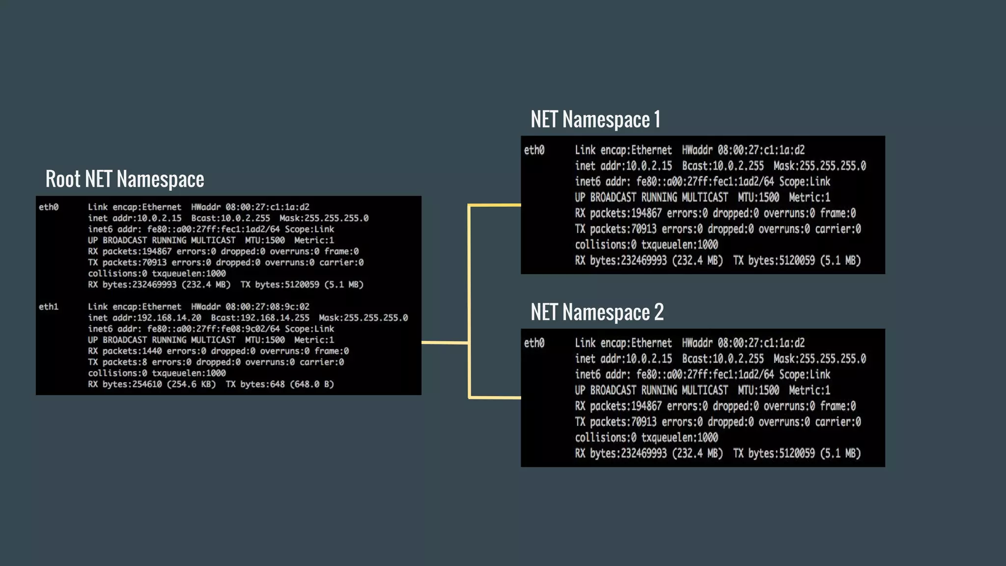 Root NET Namespace
NET Namespace 1
NET Namespace 2
 