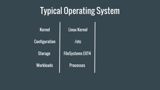 Typical Operating System
Kernel
Configuration
Storage
Linux Kernel
/etc
FileSystems EXT4
Workloads Processes
 