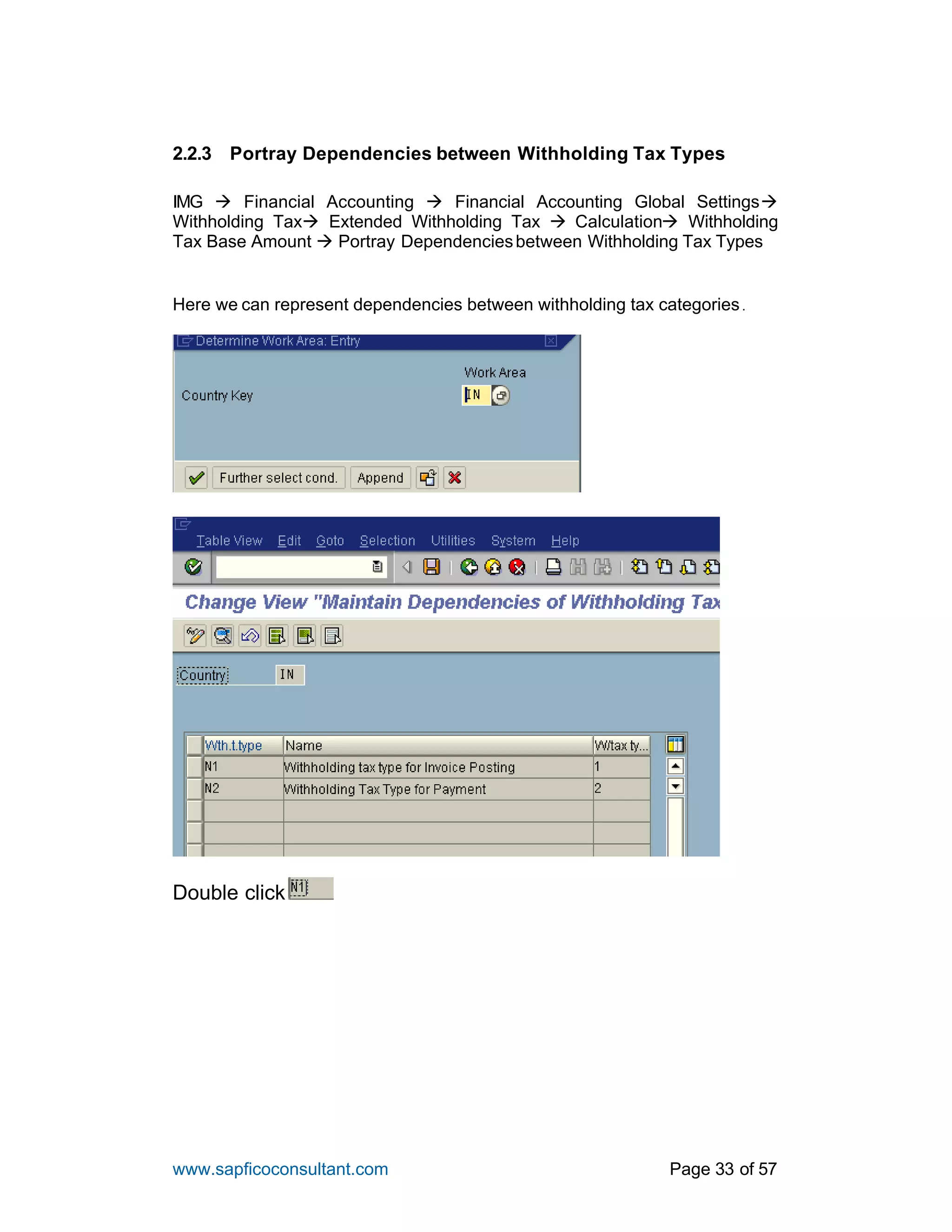 www.sapficoconsultant.com Page 33 of 57
2.2.3 Portray Dependencies between Withholding Tax Types
IMG à Financial Accounting à Financial Accounting Global Settingsà
Withholding Taxà Extended Withholding Tax à Calculationà Withholding
Tax Base Amount à Portray Dependenciesbetween Withholding Tax Types
Here we can represent dependencies between withholding tax categories.
Double click
 