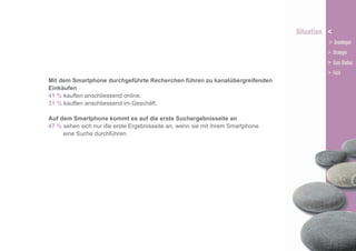 Mit dem Smartphone durchgeführte Recherchen führen zu kanalübergreifenden
Einkäufen
41 % kauften anschliessend online.
31 % kauften anschliessend im Geschäft.
Auf dem Smartphone kommt es auf die erste Suchergebnisseite an
47 % sehen sich nur die erste Ergebnisseite an, wenn sie mit ihrem Smartphone
eine Suche durchführen.

 