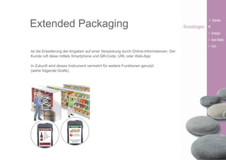 Extended Packaging
Ist die Erweiterung der Angaben auf einer Verpackung durch Online-Informationen. Der
Kunde ruft diese mittels Smartphone und QR-Code, URL oder Web-App.
In Zukunft wird dieses Instrument vermehrt für weitere Funktionen genutzt
(siehe folgende Grafik).

 