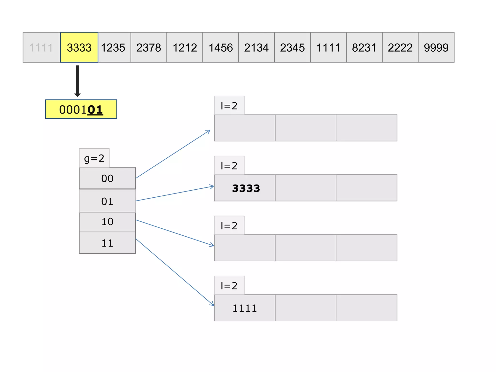 000101
00
01
10
11
1111 3333 1235 2378 1212 1456 2134 2345 1111 8231 2222 9999
g=2
l=2
l=2
l=2
1111
l=2
3333
01
3333
 