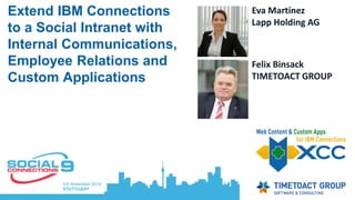 Extend IBM Connections
to a Social Intranet with
Internal Communications,
Employee Relations and
Custom Applications
Eva Martínez
Lapp Holding AG
Felix Binsack
TIMETOACT GROUP
 