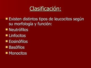 Clasificación: Existen distintos tipos de leucocitos según su morfología y función: Neutrófilos Linfocitos Eosinófilos Basófilos Monocitos 