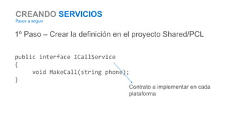 CREANDO SERVICIOS
Pasos a seguir
1º Paso – Crear la definición en el proyecto Shared/PCL
public interface ICallService
{
void MakeCall(string phone);
}
Contrato a implementar en cada
plataforma
 