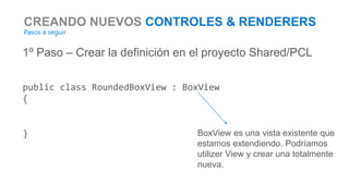 CREANDO NUEVOS CONTROLES & RENDERERS
Pasos a seguir
1º Paso – Crear la definición en el proyecto Shared/PCL
public class RoundedBoxView : BoxView
{
} BoxView es una vista existente que
estamos extendiendo. Podríamos
utilizer View y crear una totalmente
nueva.
 