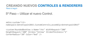 CREANDO NUEVOS CONTROLES & RENDERERS
Pasos a seguir
5º Paso – Utilizar el nuevo Control.
xmlns:custom="clr-
namespace:dotnetspain2015.CustomControls;assembly=dotnetspain2015“
<custom:RoundedBoxView x:Name="rbv" WidthRequest="200"
HeightRequest="200“ Stroke="Yellow" StrokeThickness="2"
CornerRadius="20“ Color="Red" />
 
