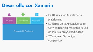 Desarrollo con Xamarin
• La UI es específica de cada
plataforma.
• La lógica de la Aplicación es en
C# y compartida mediante el uso
de PCLs o proyectos Shared.
• 70% aprox. De código
compartido.
 
