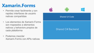 Xamarin.Forms
• Permite crear facilmente y con
rapidez interfaces de usuario
nativas compartidas
• Los elementos de Xamarin.Forms
son mapeados a elementos
nativos y behaviors propios de
cada plataforma
• Podemos mezclar
Xamarin.Forms con APIs nativas
Shared UI Code
 