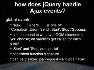 how does jQuery handle Ajax events? hide/show loading “spinner”: 