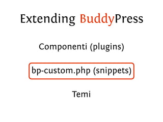 Extending BuddyPress

   Componenti (plugins)

 bp-custom.php (snippets)

          Temi
 