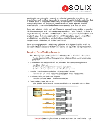 Required Data Masking Features
Vulnerability assessment offers solutions to evaluate an application environment for
security holes, such as default passwords not changed. Encryption includes protecting data
in motion as well as data at rest. Data masking and obfuscation falls into this market
category, Monitoring and auditing include solutions that review database traffic for
unauthorized access and auditing for logging who accessed what data and when.
Many point solutions exist for each set of functions; however firms are looking to centralize
database security policies across heterogeneous DBMS data center. The ability to define a
single data security policy for a set of transaction tables adds significant value to the overall
solution because the business context is tied with the actual data security service. Many
vendors in each specialized area are starting to merge either through adding
complementary functionality or through partnerships.
When reviewing options for data security, specifically masking sensitive data in test and
development database copies, the following features are required in a complete solution.
• Alter data so people who have access would not be able to determine actual values
• This can be accomplished through one way data scrambling and/or random data
generation
• Maintains functional appearance to not impact QA and development processes
• Substitute values, i.e.
Dave Robert, Dave_robert@solix.com => xxxx xxx, yyy@xyz.com
Dave Robert, Dave_robert@solix.com => Jane Doe, Doe_Jane@xyz.com
• Supports Encryption and Decryption capabilities (data at rest)
• For when the app server incorporates encryption during reads / writes
• Maintains Transaction Relational Integrity
• For when sensitive data is a Primary/Foreign Key
• Easy to use and to set up policies
• hose who set up the policies should be different than those who execute them
Whitepaper | Extending Information Security to Non Production Environments | Page 3
Encryption/Decryption
@#%fah^&*AS%^345
Masking
XXXX 999999999999
Substitution
Mary 23456789
Nulling
################
Shuffling
Mary 2343483434
Custom
<Custom Algorithm>
Production
Customer
Jane 987654321
Credit Card
Customer
#$%^ #$%fah*&*
Credit Card
Customer
Mfdy 65 FrEds
Address
Customer
#### #########
SSN
Customer
Mary 2406534
Zip Code
Customer Credit Card
Customer
XXX 999-999-9999
Phone
Testing
Development
Training
Sand Box
#$%^ #$%fah*&*
 